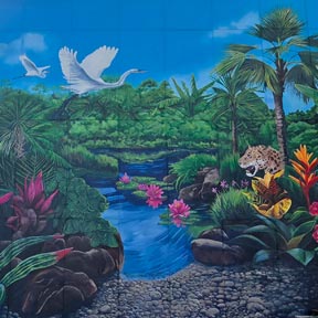 photo of botanical garden with jaguar and birds
